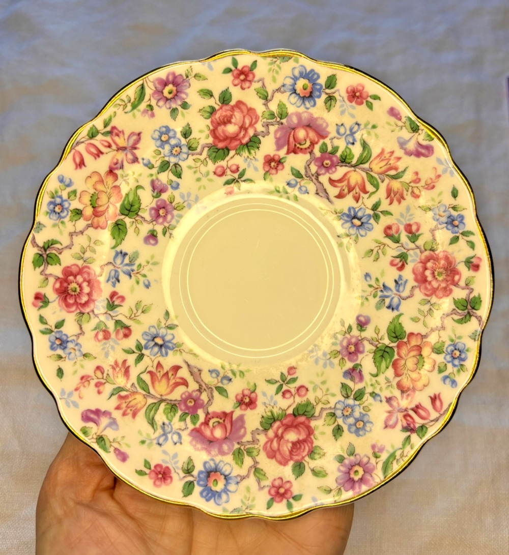 Crown Staffordshire Chintz Saucer Vintage Bone China Pink Roses England